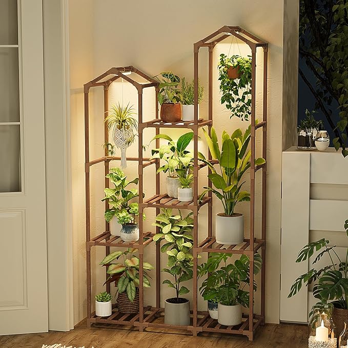 Bamworld Plant Stand with Grow Light Corner Plant Shelf Indoor with Lights Tall Plant Holder for Living Room Warm Light Plant Container Accessories for Mutiple Pots Patio Boho Home Decor for Gardening