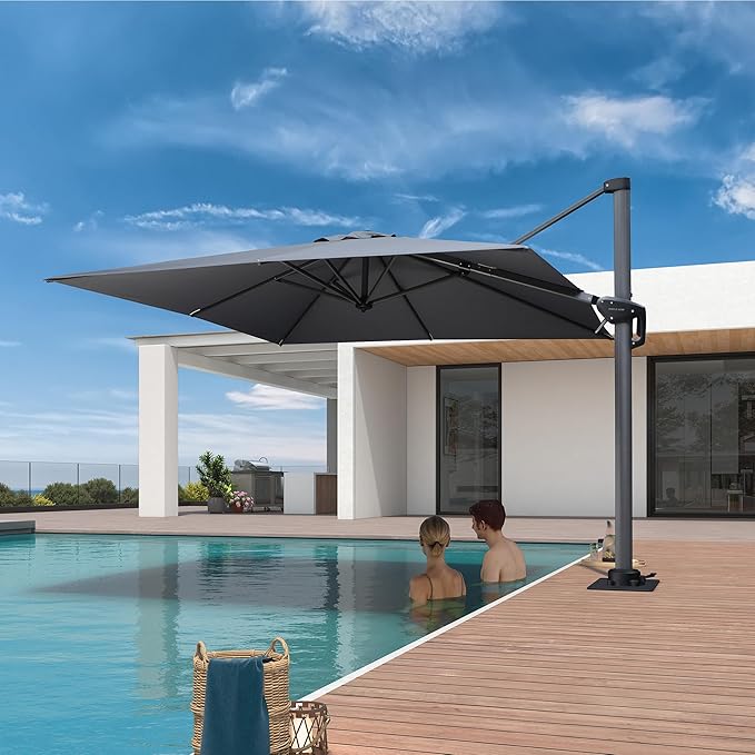 PURPLE LEAF 8' X 8' Patio Umbrella with Steel Plate Base for Pool 7' High Offset Outdoor Cantilever Umbrella Swimming Pool Umbrella with 360°Rotation for Poolside Light Grey