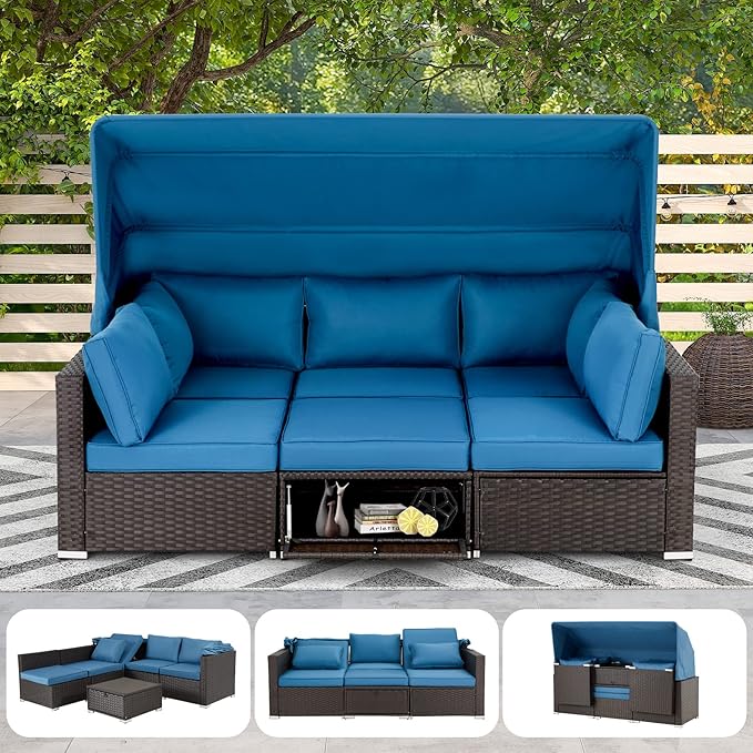 HOMREST 6 Pieces Patio Furniture Sets, Rattan Daybed with Retractable Canopy, Outdoor Sectional Sofa Set with Adjustable Backrest, Chaise Chair Sunbed for Garden Poolside Backyard (Blue)