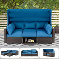 HOMREST 6 Pieces Patio Furniture Sets, Rattan Daybed with Retractable Canopy, Outdoor Sectional Sofa Set with Adjustable Backrest, Chaise Chair Sunbed for Garden Poolside Backyard (Blue)