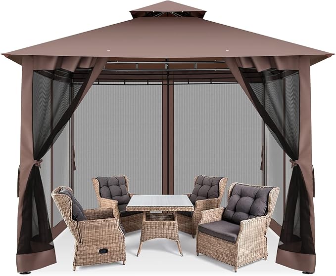 COBIZI Gazebo 10x10 Heavy Duty Gazebos with Improved Nettings Outdoor Gazebo Double Roof Patio Gazebos with Metal Steel Frame Outdoor Canopy for Patio, Deck, Backyard-Brown