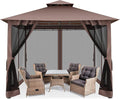 COBIZI Gazebo 10x10 Heavy Duty Gazebos with Improved Nettings Outdoor Gazebo Double Roof Patio Gazebos with Metal Steel Frame Outdoor Canopy for Patio, Deck, Backyard-Brown