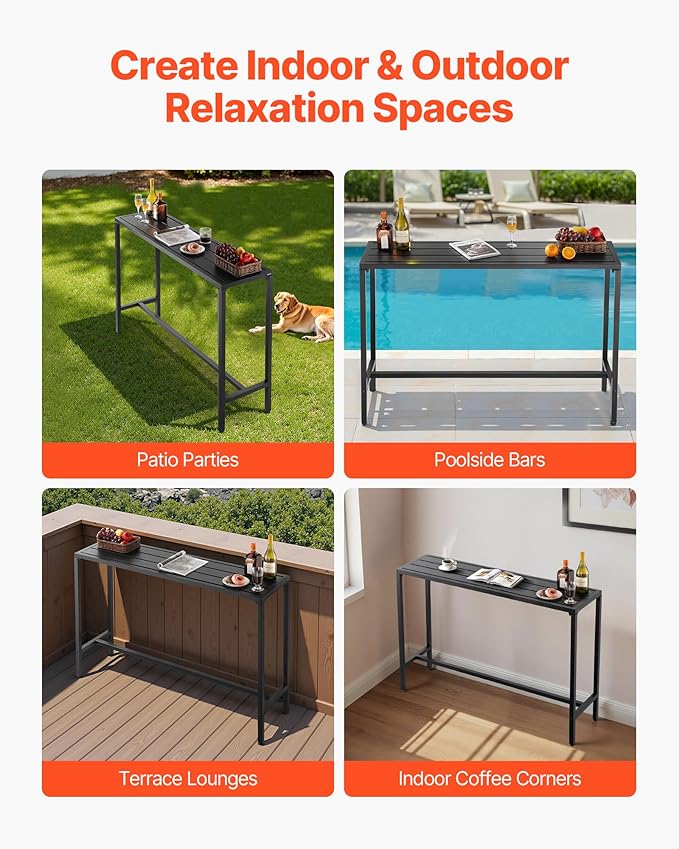 VEVOR Outdoor Bar Table, 55 x 15 in Patio Bar Table, Waterproof Top & Sturdy Metal Frame, Rectangle Counter Height Dining Tables, Outdoor Furniture for Balcony, Yard, Hot Tub, Poolside, Indoor