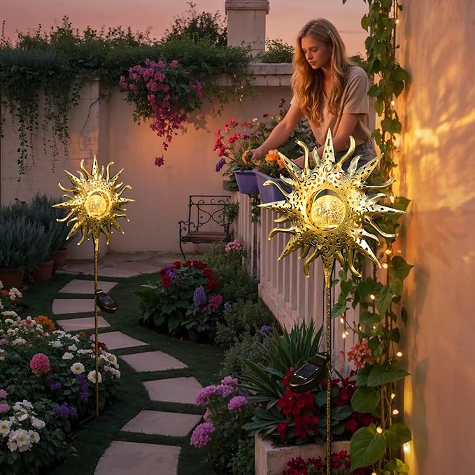 TAKE ME Sun Solar Lights Outdoor Waterproof Metal Garden Stakes for Patio Yard Walkway LawnPatio Mothers Gifts Mom Wife Grandma (Sun)
