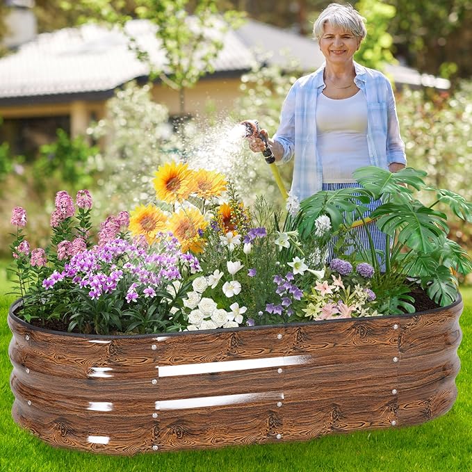 Galvanized Raised Garden Bed - 4×2×1ft (2 Packs) Planter Raised Beds for Gardening | Oval Metal Garden Planter Box with Safety Edging and Gloves for Vegetables Fruits and Flower - Grain