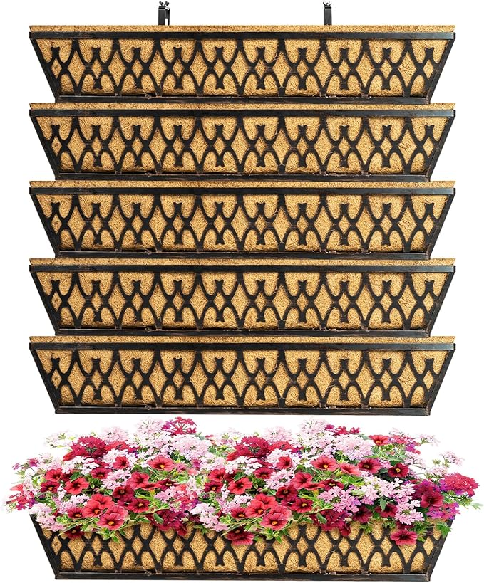 6 Pack 30 Inch Window Boxes Planters Railing Planter Box with Adjustable Brackets for Porch Fence Patio Balcony Hanging Flower Baskets with Coco Liners for Outdoor Garden Decor - Bronze