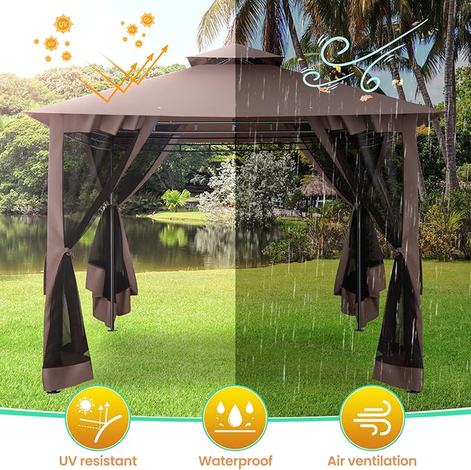 COBIZI Gazebo 10x10 Heavy Duty Gazebos with Improved Nettings Outdoor Gazebo Double Roof Patio Gazebos with Metal Steel Frame Outdoor Canopy for Patio, Deck, Backyard-Brown