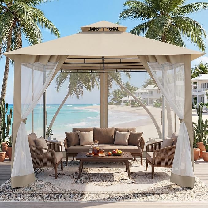COBIZI Gazebo 10x10 Heavy Duty Gazebos with Improved Nettings Outdoor Gazebo Double Roof Patio Gazebos with Metal Steel Frame Outdoor Canopy for Patio, Deck, Backyard (Khaki)