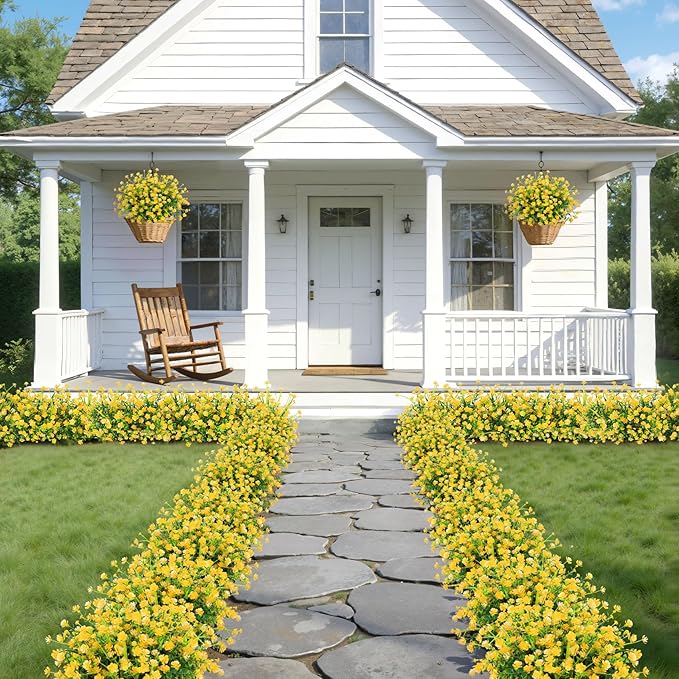 20 Bundles Artificial Flowers for Outdoors Fake Plastic Flowers UV Resistant Realistic Faux Plants Shrubs for Spring Summer Garden Porch Yard Patio Planter Window Box Home Decor, Yellow