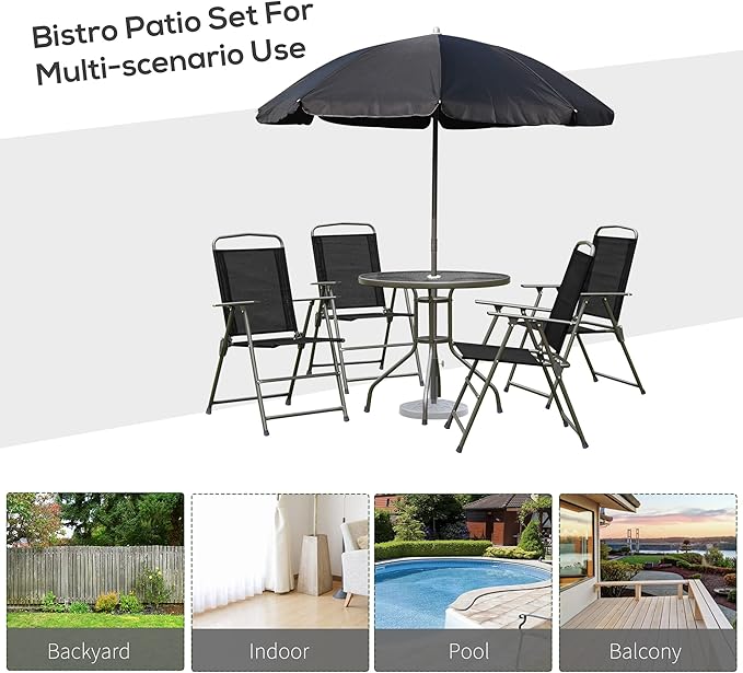 Outsunny 6 Piece Patio Dining Set for 4 with Umbrella, Outdoor Table and Chairs with 4 Folding Dining Chairs & Round Glass Table for Garden, Backyard and Poolside, Black and Coffee