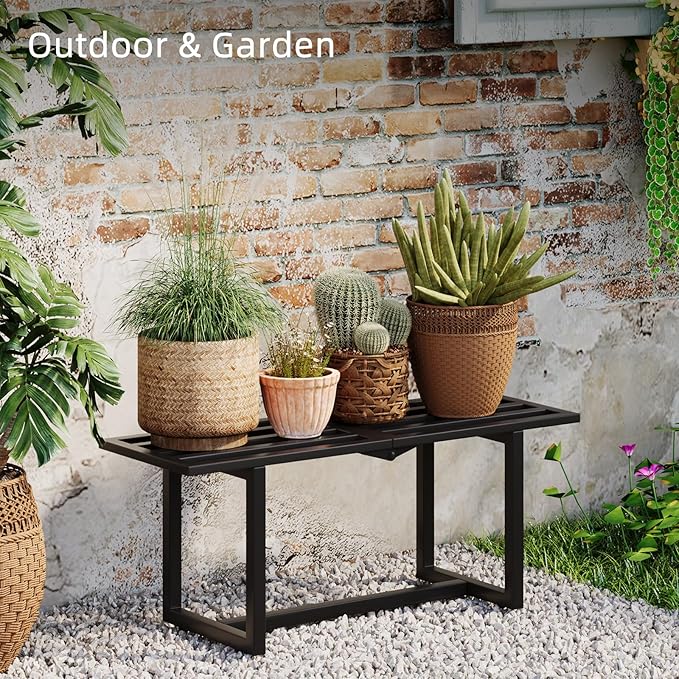 2 Pack Metal Plant Stand, Foldable Heavy Duty Indoor, Window Iron Plant Shelf - Mid Century Modern Slatted Bench for Patio, Garden, Living Room Load Bearing 330 lbs 26" L x 10.4" H x 8.6" W 1 Tier Black