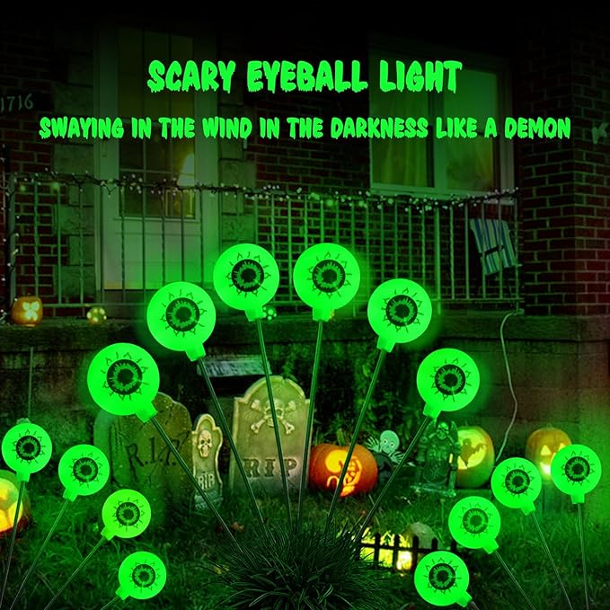Halloween Solar Lights Outdoor Waterproof Solar Scary Eyeball Lights, 2 Pack Green Eyeball Swaying Firefly Lights, Solar Halloween Path Lights for Yard Garden Lawn Party Decor,