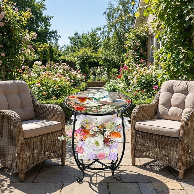 Outdoor Side Table Round Small Mosaic Patio Accent Indoor End Plant Coffee Tea Table for Yard Patio Porch Garden Living Room, Bedroom(Hummingbird A Style,14 Inch)