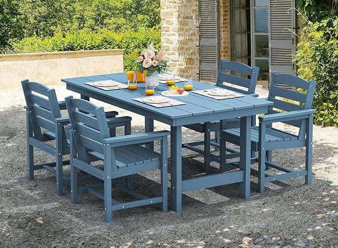 SERWALL Patio Table Set, Outdoor HDPE Dining Furniture with Umbrella Hole, All Weather for Lawn, Garden, Backyard, Poolside, Blue | with Umbrella Hole, All Weather, for Lawn, for Garden, for Backyard, for Poolside