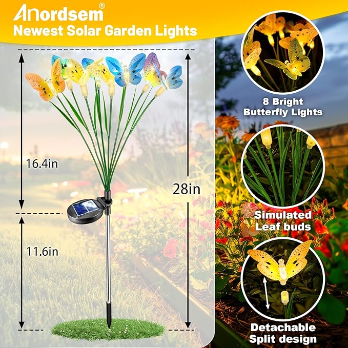 Anordsem Solar Garden Lights Outdoor: 8 Removable Optical Fiber Butterflies 2 Pack - Waterproof Fun Animal Decoration for Yard Patio Path - Gardening Gifts for Garden Lovers Over 30