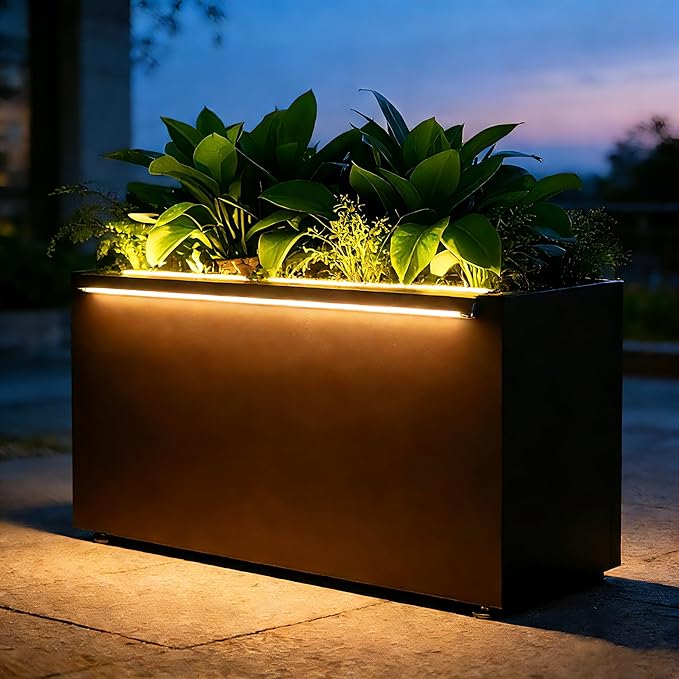 GSK 30" L Black LED Metal Planter Rectangle Flower Box Light Strips ×2 Galvanized Trough Indoor Rectangular Outdoor Patio Terrace Balcony Garden Plant with Drainage Holes & Insert