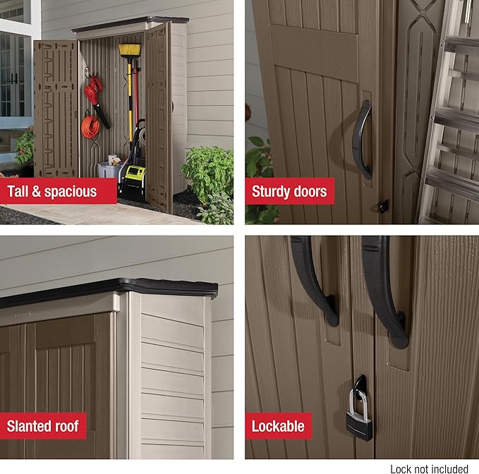 Rubbermaid Vertical Resin Outdoor Storage Shed With Floor (4 x 2.5 Ft) Weather Resistant Brown Organization for Home/Backyard/Garden Tools/Porch/Patio Cushions/Pool Chemicals/Toys