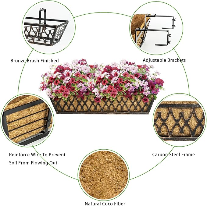 6 Pack 30 Inch Window Boxes Planters Railing Planter Box with Adjustable Brackets for Porch Fence Patio Balcony Hanging Flower Baskets with Coco Liners for Outdoor Garden Decor - Bronze