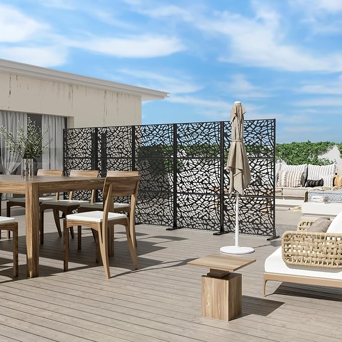 Casaphoria Metal Privacy Screen Outdoor, 72" H x 35" W Freestanding Decorative Privacy Screen for Patio Deck Balcony Garden with Stable Base, Black-Net