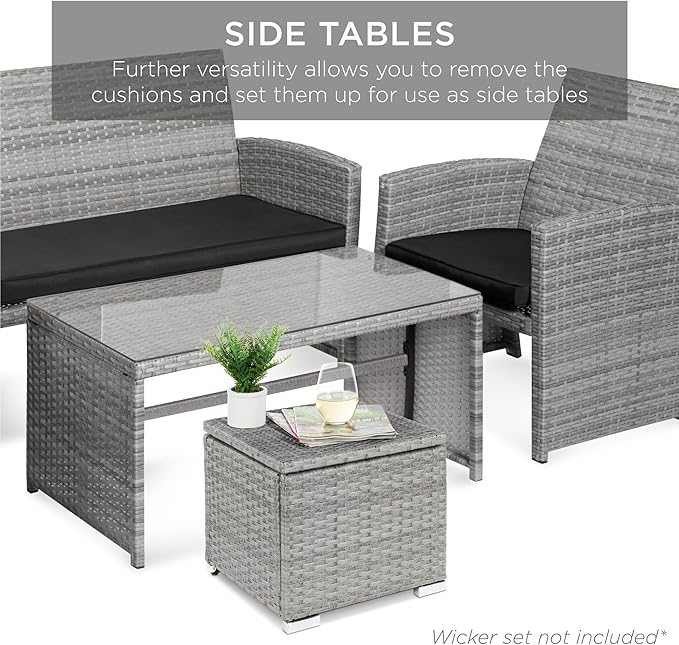 Best Choice Products Set of 2 Wicker Ottomans, Multipurpose Outdoor Furniture for Patio, Backyard, Additional Seating, Footrest, Side Table w/Storage, Removable Cushions - Gray/Black