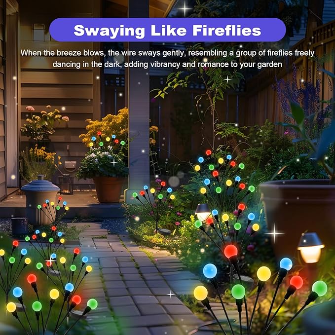 ALSO GO Solar Garden Lights, Solar Firefly Lights Outdoor 8 Pack 64 LEDs, Color Changing Swaying Light for Yard Patio Pathway Holiday Decoration, Iron Wire & Heavy Bulb Base, Gardening Gifts