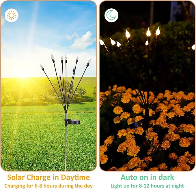 2 Pack Each 8 LEDs Solar Garden Lights Waterproof Outdoor Landscape Path Firefly Lights Single Spike Bulb Swaying Light Warm White