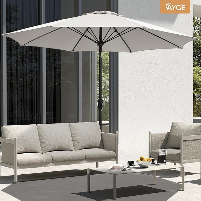 Ayge 9FT Large Outdoor Patio Umbrella Market Table Umbrella-UV Resistant, Easy Push Button Tilt and Crank, 8 Sturdy Fiberglass Ribs Heavy-Duty Pool Umbrella for Deck, Backyard,Garden,Light Grey