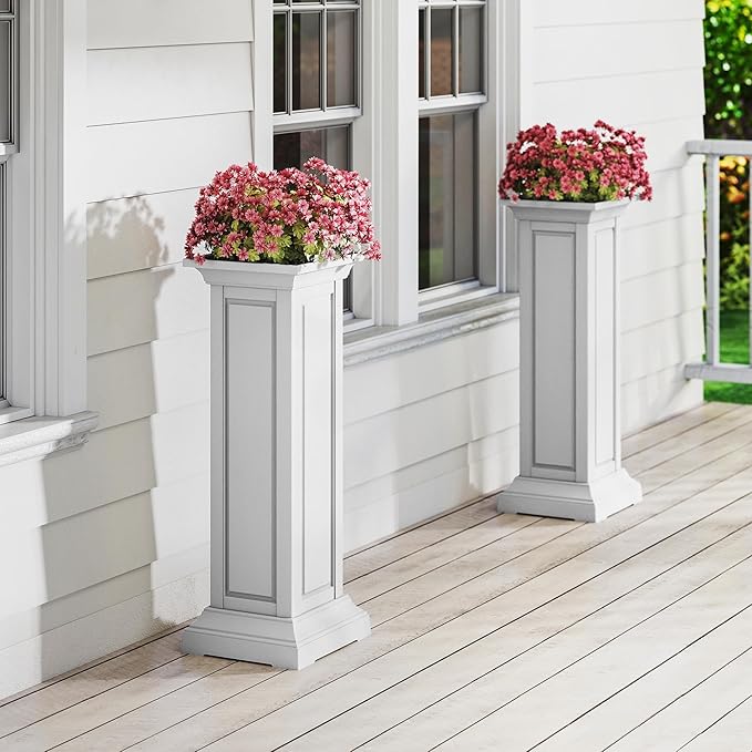 36in Tall Resin Planter Set of 2,Large Outdoor Planter for Porch, Garden, and Balcony, Weight-Bearing Top, Weather-Resistant, Classic Estate Design for Flowers and Trees(Ashen)