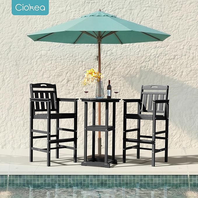 Ciokea 3-Pcs Bistro Table and Chairs, All-Weather Round High Top Bar Table with Storage Shelf and 2 Oversized Adirondack Chairs, Heavy Duty Outdoor Bar Set Patio Bistro Set for Balcony Deck, Black