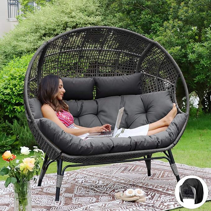 NICESOUL® Double Egg Chair Indoor Outdoor Stationary Oversized 6.5" Thick Padded Cushions,2 Person Wicker Egg Loveseat Chair,680 lbs Extra Wide Lounge Chair for Patio Balcony Porch Gray with Cover