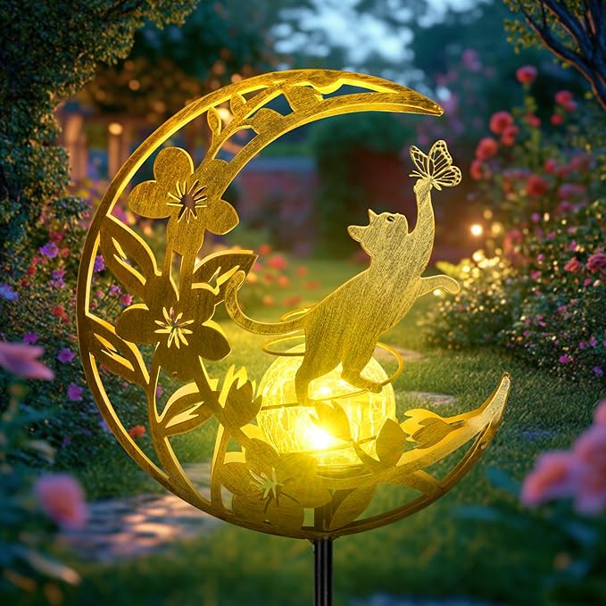 JOBOSI Solar Moon Cat Decorative Gift, Solar Moon Cat Ground Stake Light, Gifts for Women Mom Grandmother, Garden Lawn Decor Christmas & New Year Gift Cat