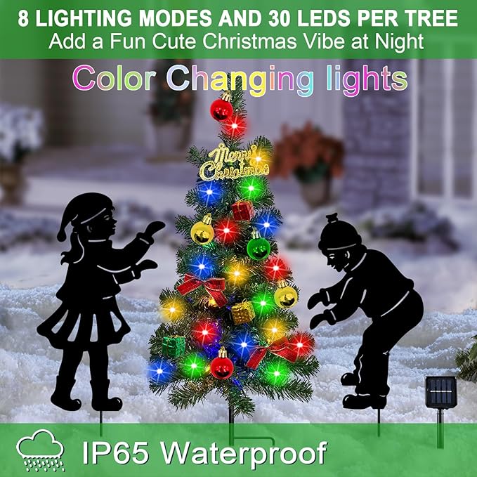 Solar Outdoor Christmas Tree,3 Pack Christmas Outdoor Decorations with Boy and Girl Garden Stakes,Color Changing LED Lights,Waterproof Xmas for Yard,Lawn,Pathway