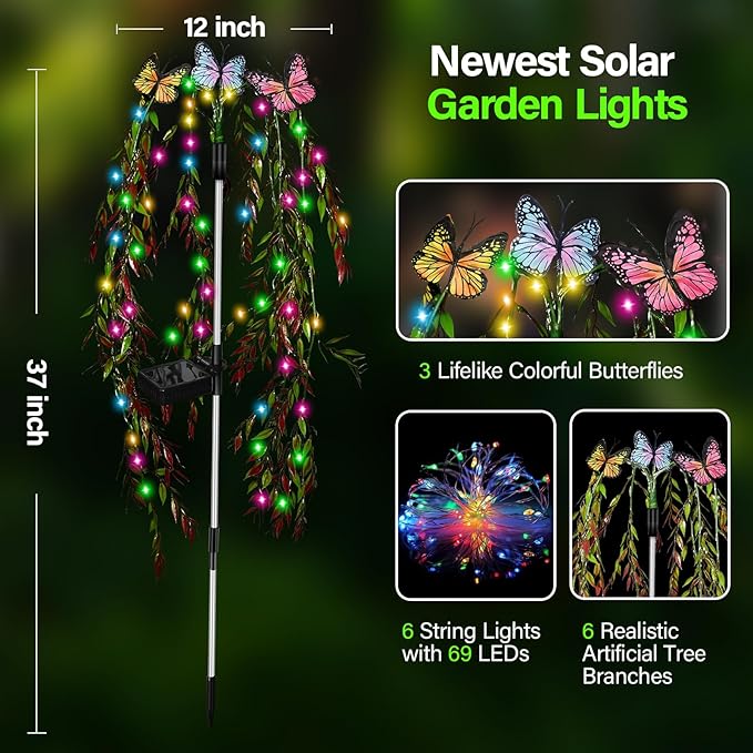Solar Garden Lights Outdoor Decorative Waterproof, 69LED Swaying Tree Solar Lights for Outside, Butterfly Flower Lights Solar Power Yard Decor for Pathway Patio Lawn Grave Decorations