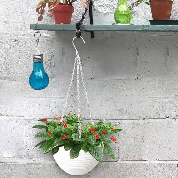 4 Pack 8 inch Plastic Self Watering Hanging Planters,Round Hanging Basket Planter with Drainer and Metal Chain,White Garden Flower Plant Pot Container for Indoor Outdoor Plants