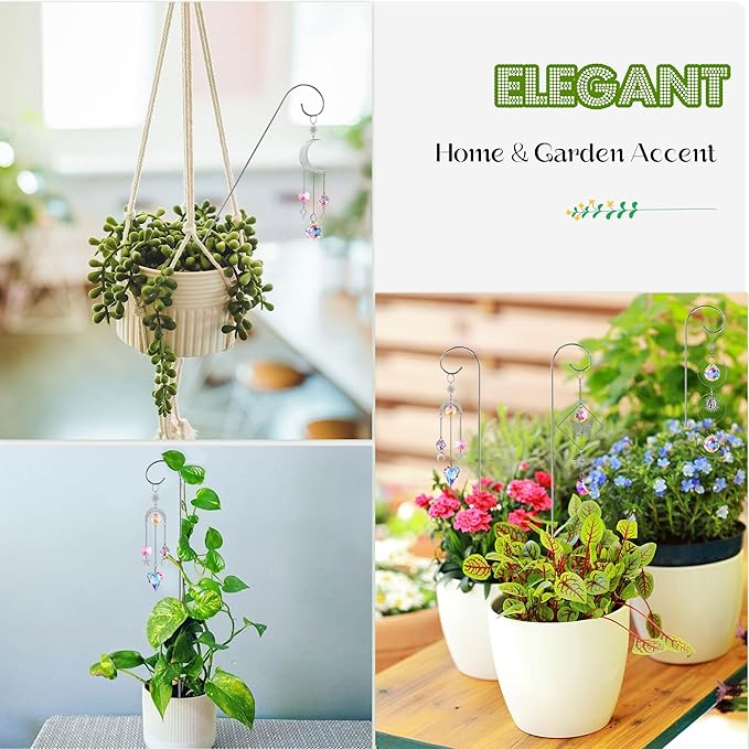 HDCRYSTALGIFTS 4 Pack Crystal Sun Catchers with 13.5'' Small Trellis for Potted Plants Indoor Plant Stake Suncatcher Decoration for Home Window Garden, Sliver