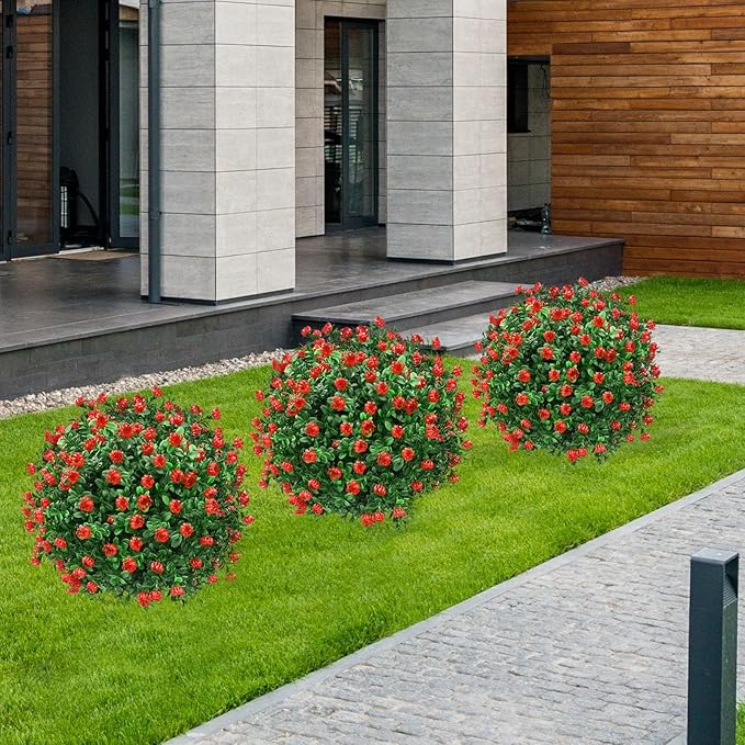 Artificial Topiary Bushes for Outdoors with Spike, Boxwood Ball Fake Shrubs UV Resistant Faux Plants for Indoor Outdoor Fall Thanksgiving Halloween Decor (Artificial Boxwood Ball Bush-Red)