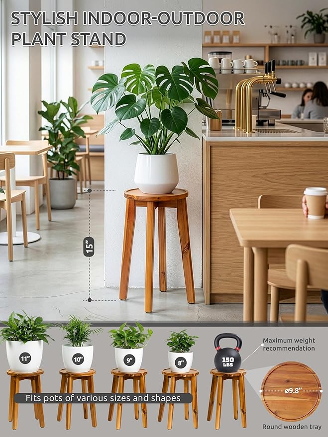 Demigo 15-Inch Tall Plant Stand for Indoor & Outdoor Use, Acacia Wooden Decorative Plant Shelf with Spill-Proof Tray, Flower Holder for Heavy Pots, Gardening Display - Natural Brown