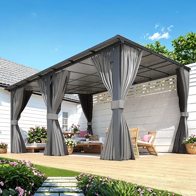 AECOJOY 14' x 12' Gazebo Outdoor Pergola with Curtains and Netting for Patio, Large Wall-Mounted Hardtop 12x14 Lean to Metal Heavy Duty Gazebo, Pergolas and Gazebos Clearance with Patio Roof Awnings