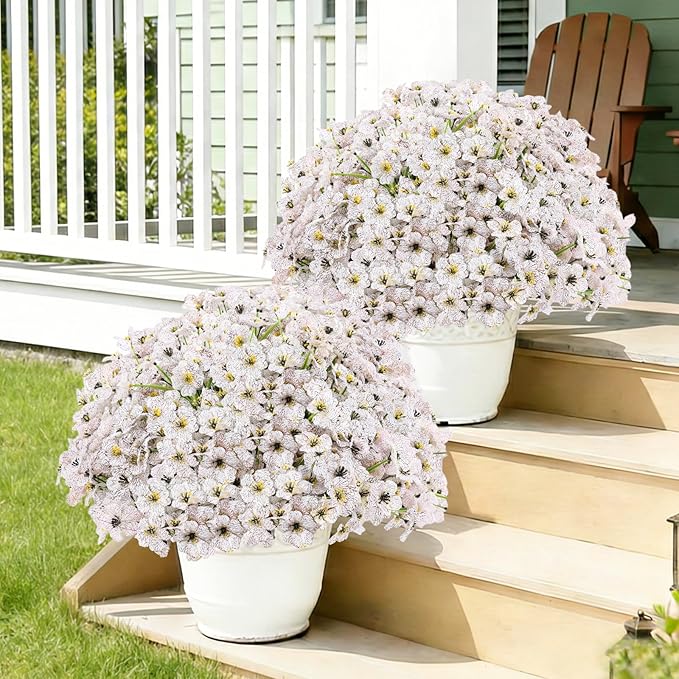 22 Pack Artificial Flowers Outdoor Fake Plants, Faux Flowers UV Resistant with Plastic Plants, Faux Silk Flowers for Outdoors Outside Front Porch Hanging Planter Window Box Garden Decoration(White)