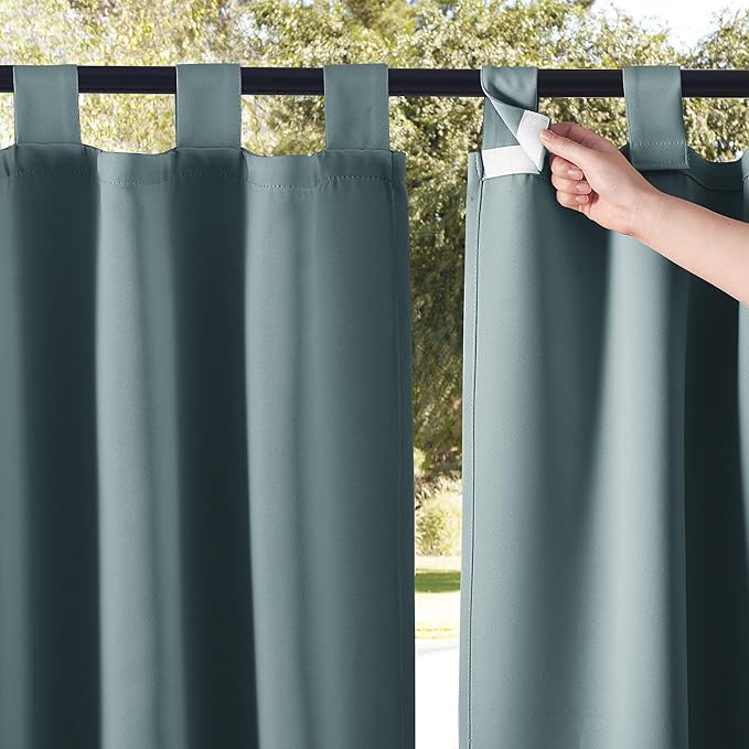 NICETOWN 2 Panels Greyish Blue Porch Curtainss Outdoor Waterproof for Patio, Self-Stick Tab Top Blackout Heat & Cold Block Indoor Outdoor Curtainss & Drapes Privacy for Pergola/Patio, W52 x L84