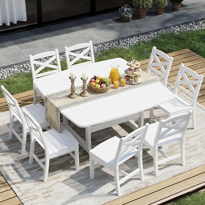 Outdoor Dining Set, HDPE 9-Piece Patio Table and Chairs Set, All-Weather Outdoor Dining Table Set for 8 with Umbrella Hole, Durable Patio Furniture Set with Chairs,White