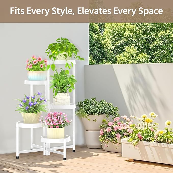 LASZOLA 5 Tiered Folding Plant Stand Indoor for Multiple Large Planter, Tall Heavy Duty Adjustable Rack with Rust Proof Plastic Shelving, Sturdy Vertical Tree Organizer for Narrow Inside Floor, White