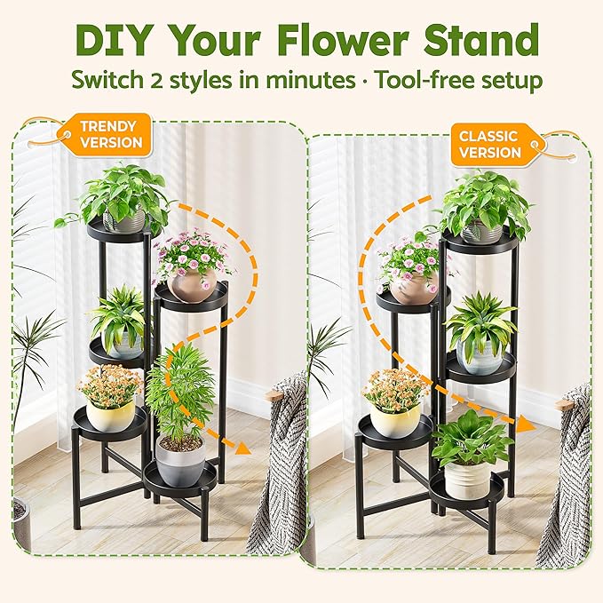 Tall Plant Stand Indoor Outdoor, Corner Metal Flower Pot Stands for Multiple Plants, 5 Tier Heavy Duty Plant Shelf for Patio Garden Balcony Living Room Bedroom - BlackDisk