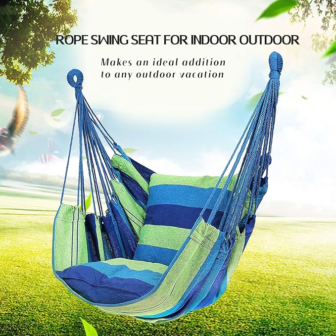 Hommtina Hammock Chair Hanging Rope Swing, Max 300 Lbs Hanging Chair with Pocket & Durability Perfect for Outdoor, Home, Bedroom, Patio, Yard (Pillows NOT Included,Green)