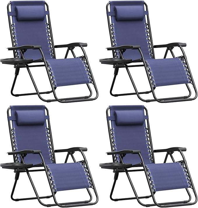 Homall Zero Gravity Chair Patio Folding Lawn Outdoor Lounge Gravity Camp Reclining Lounge Chair with Cup Holder Pillows for Poolside Backyard and Beach Set of 4 (Blue)