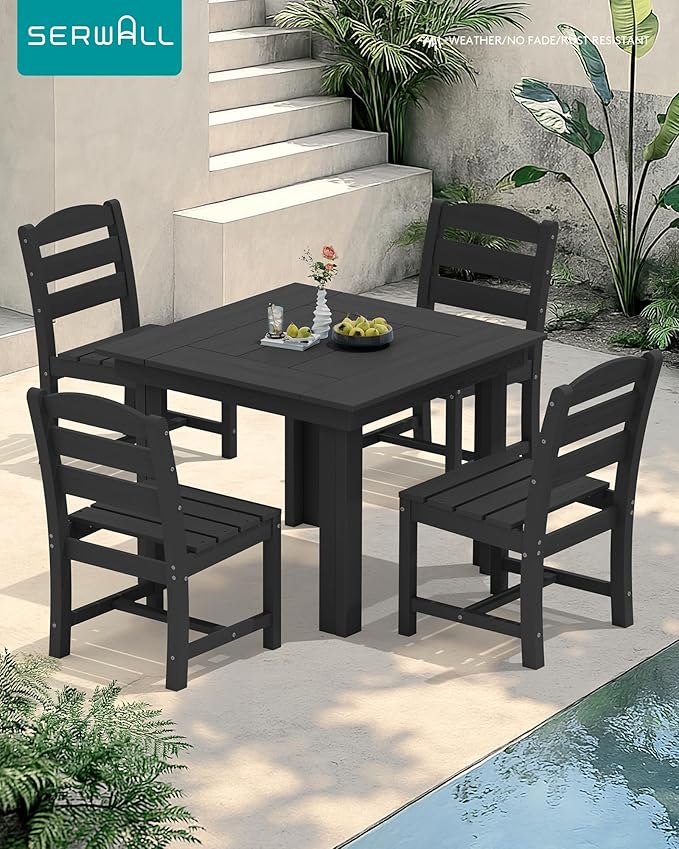 SERWALL Outdoor Dining Set for 4, HDPE Square Table and Chairs Set All Weather Patio Dining Set with 4 Armless Chairs for Patio, Black