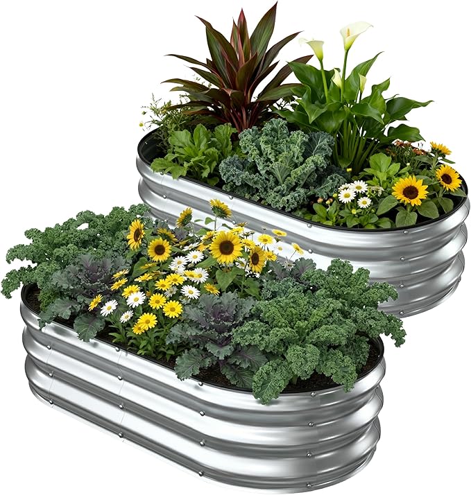 2 Pack 4x2x1FT Galvanized Raised Garden Beds,Raised Garden Bed with Safety Edging and Gloves,Oval Metal Planter Box for Gardening Vegetables Flowers Herb-Silver