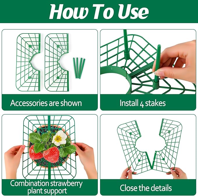 4 Sets Strawberry Plant Support with Mesh Plant Cover,Strawberry Growing Racks Sets with Iron Plant Nails and Storage Bag for Garden Strawberry Vegetables(White Net - Square)