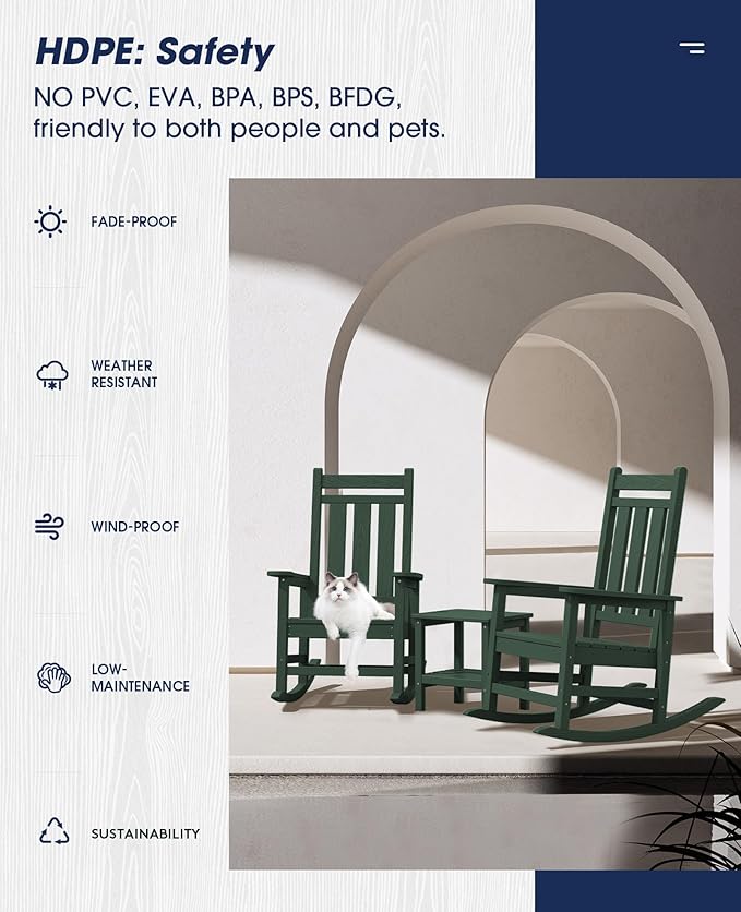 KINGYES Oversized Outdoor Rocking Chair Set of 2, All-Weather Patio Rocking Chairs for Porch, HDPE Outdoor Patio Rockers with High Back & Wide Seat for Garden, Lawn, Green