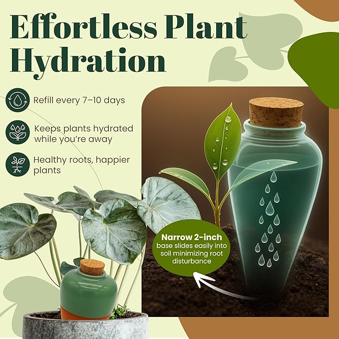 Terracotta Self Watering Planter Insert - Set of 4 Clay Ollas with Slim Bottom for Easy Soil Insertion, Glazed Top, Slow-Release Plant Watering System for Indoor & Outdoor Plants